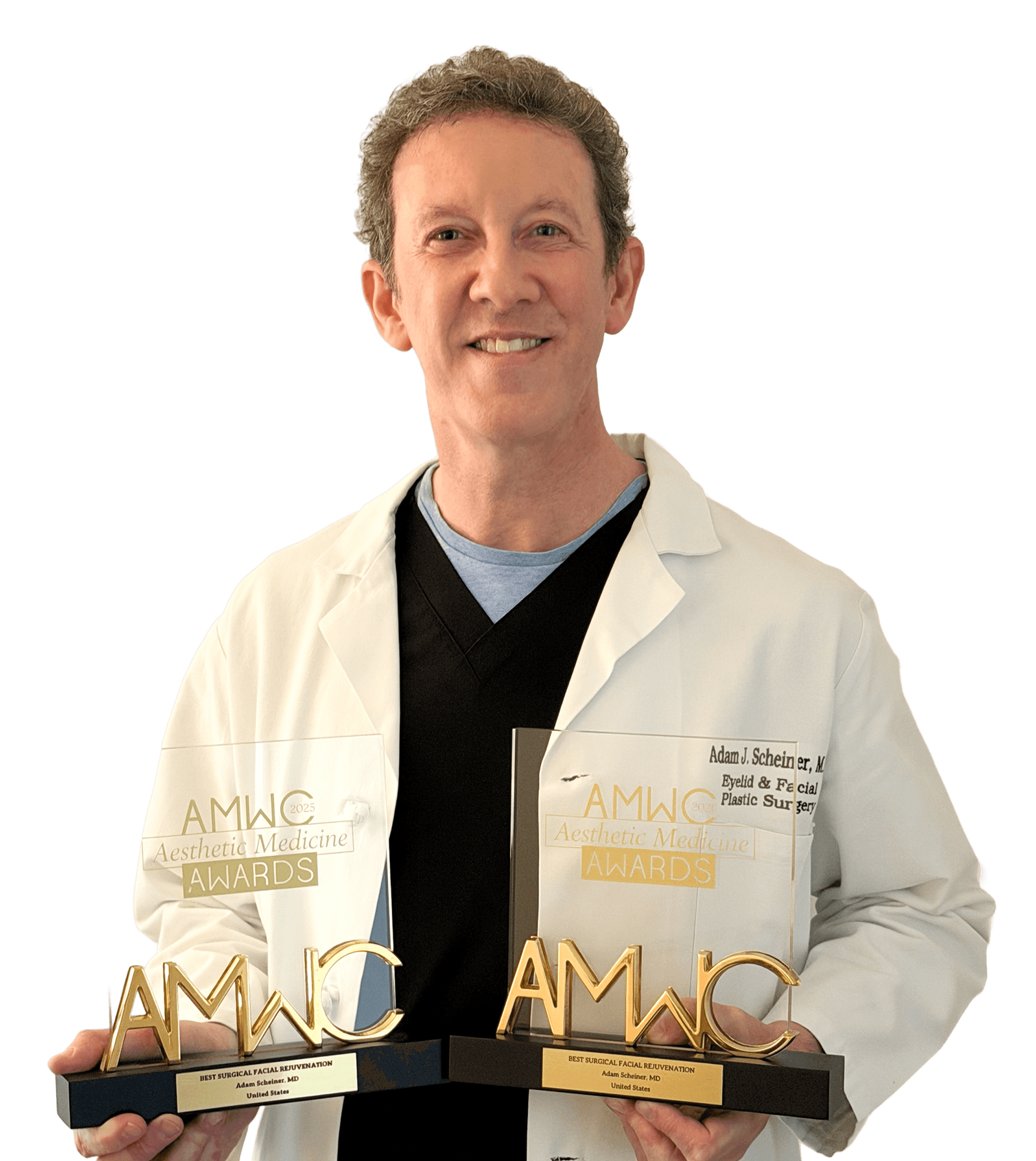 Dr. Adam Scheiner holding two AMWC awards.